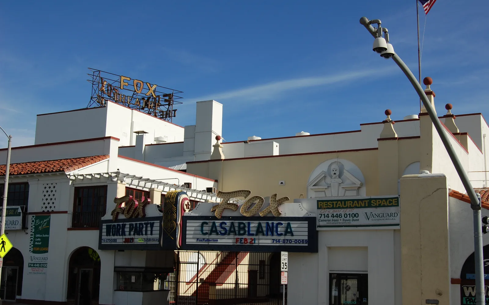 Street view of the historic Fullerton Fox Theatre, a Spanish Colonial Revival building in downtown Fullerton